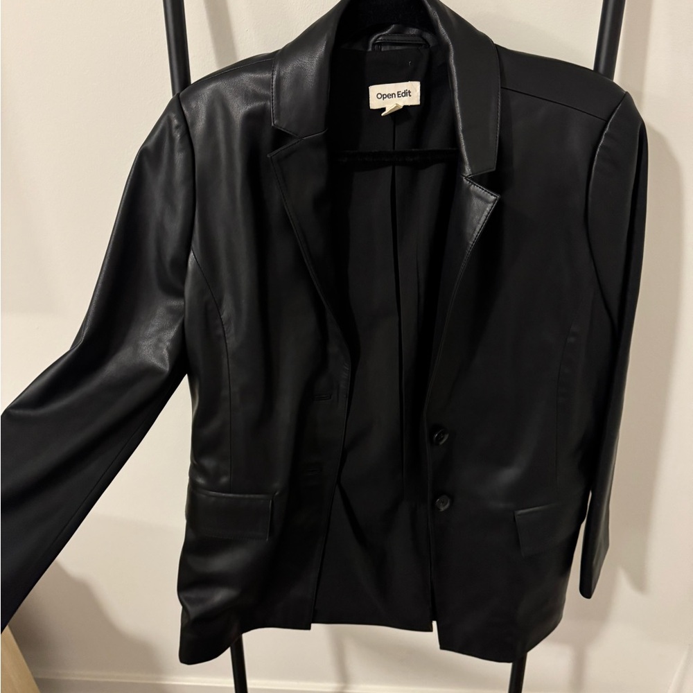 Open Edit Women's Black Leather Blazer
